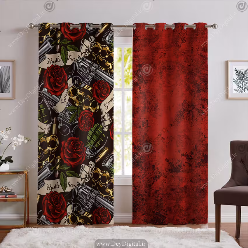 پرده پانچی گنگ و خفن طرح هفتیر و گل رز PK-5681