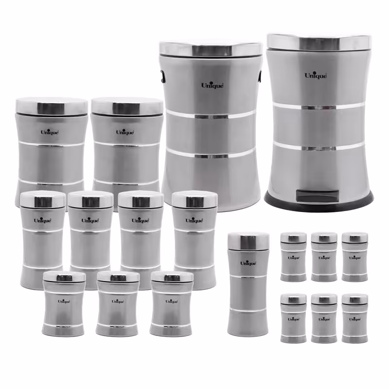 سرویس یونیک 18 پارچه کمر باریک نقره ای درب استیل 4688