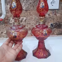 جفت چراغ گردسوز شیشه قرمز طرح قاجاری