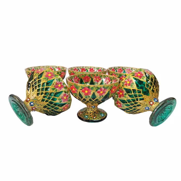 بستنی خوری و آجیل خوری بلور  گلدار (6 تایی) سبز