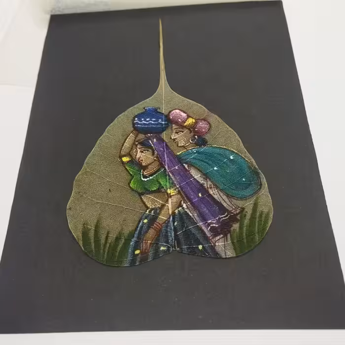 نقاشی قدیمی بر روی برگ انجیر طبیعی (هندی) شماره 11