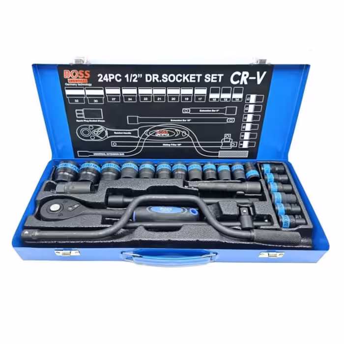 جعبه بکس اچار 24 پارچه BOOS تکنولوژی آلمان مدل باس درایور یک دوم هندل دار مشکی فشار قوی VIP 