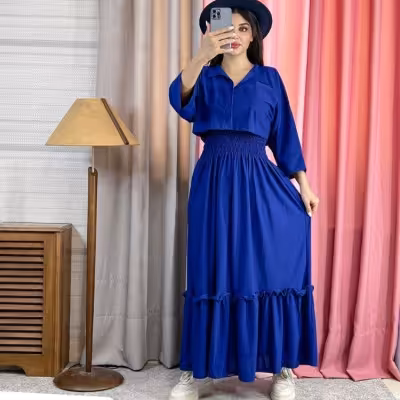 پیراهن مهمانی زنانه کرپ تیپ لاکرا مدل دوتیکه پیراهن بلند