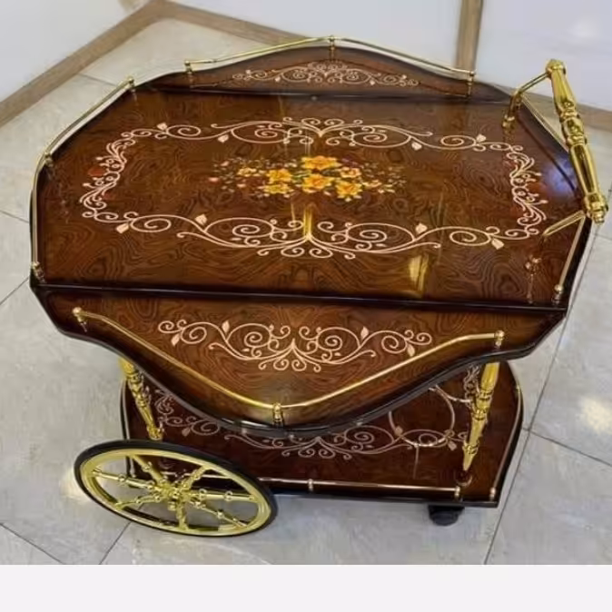 میز پذیرایی چرخدار بار پروانه پولیشی قهوه ای طرح گل بوته (تحویل فقط تهران و حومه )