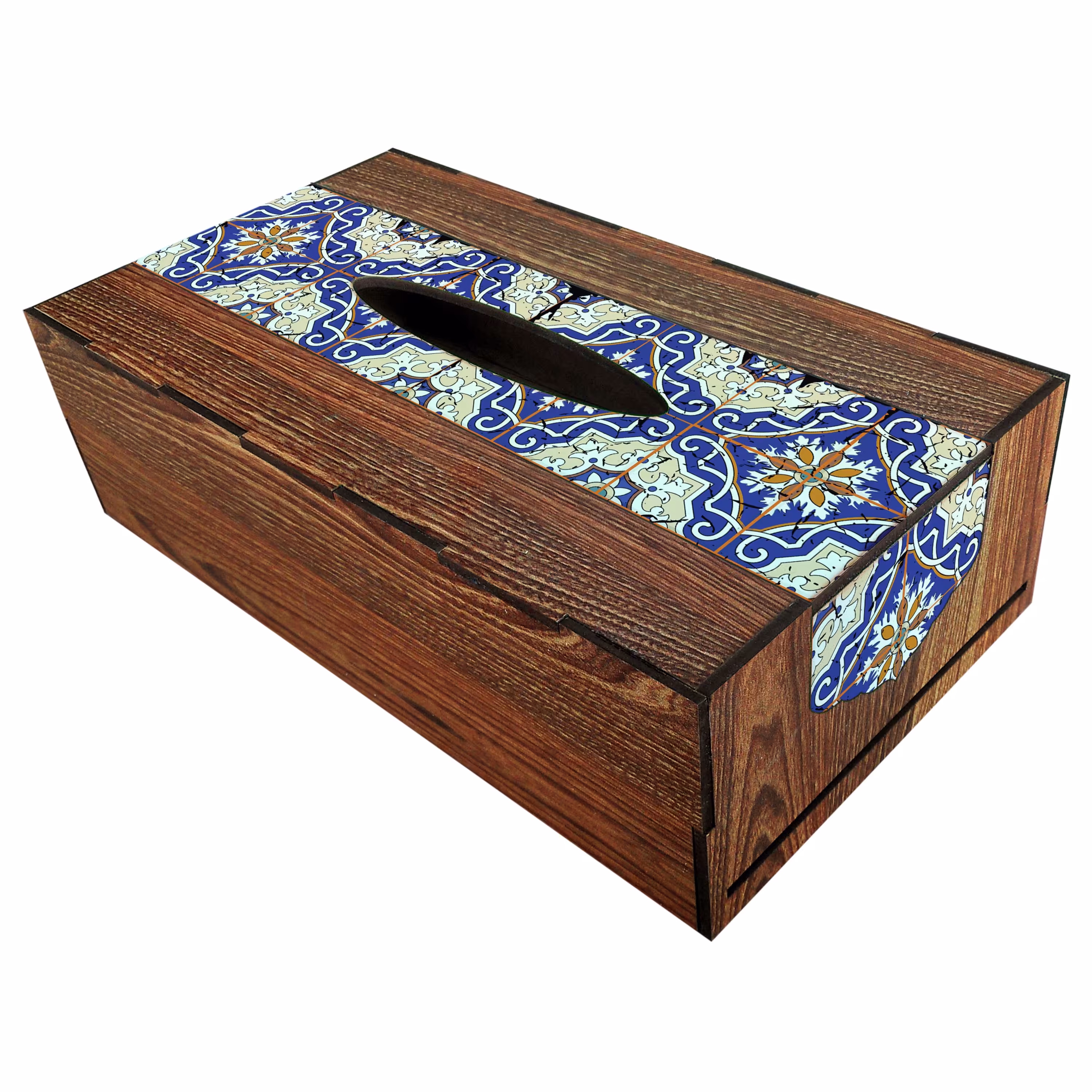 جعبه دستمال کاغذی چوبی طرح دار  مدل TB160 طرح کاشی با بدنه طرح چوب قهوه ای تیره