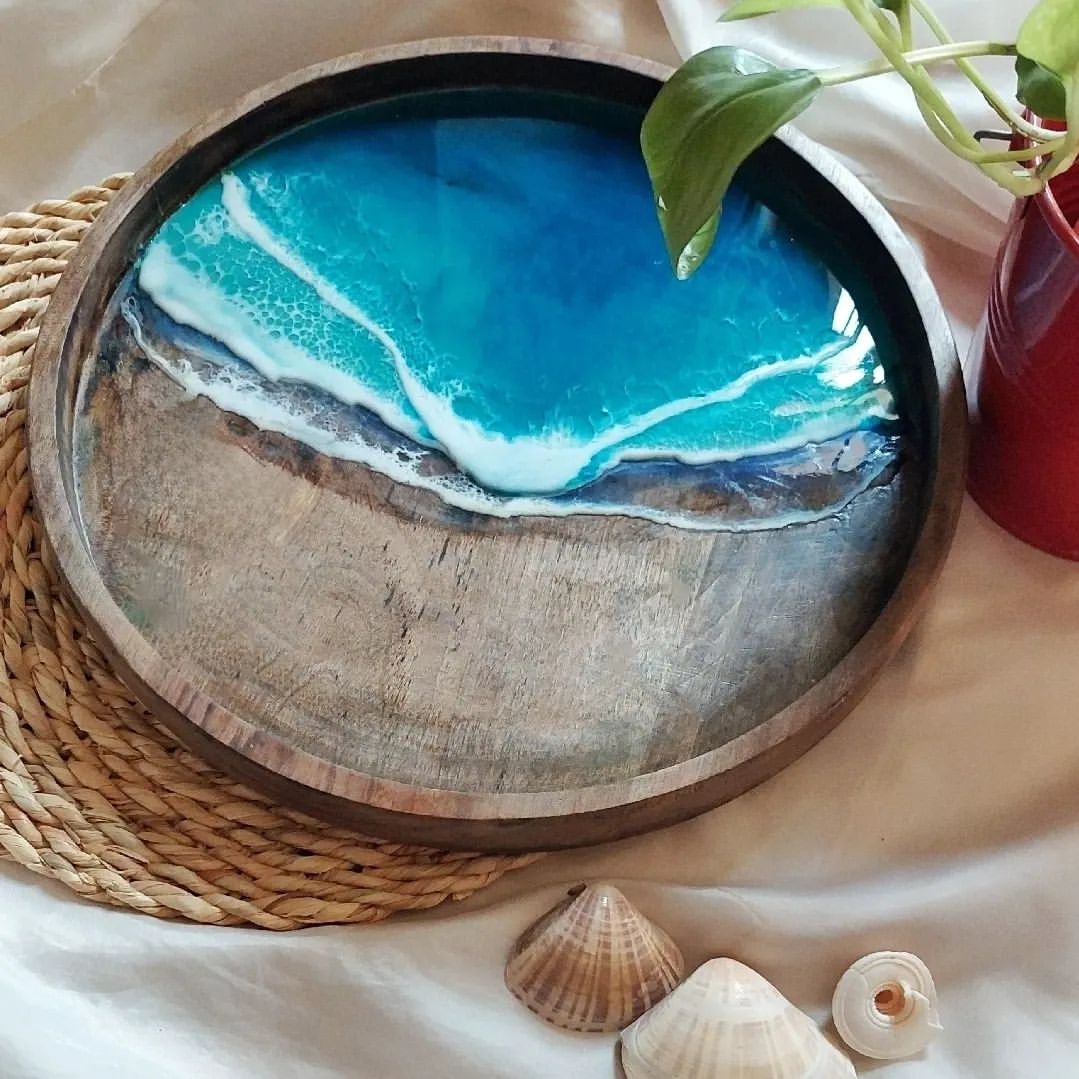 سینی چوب و رزین طرح دریا