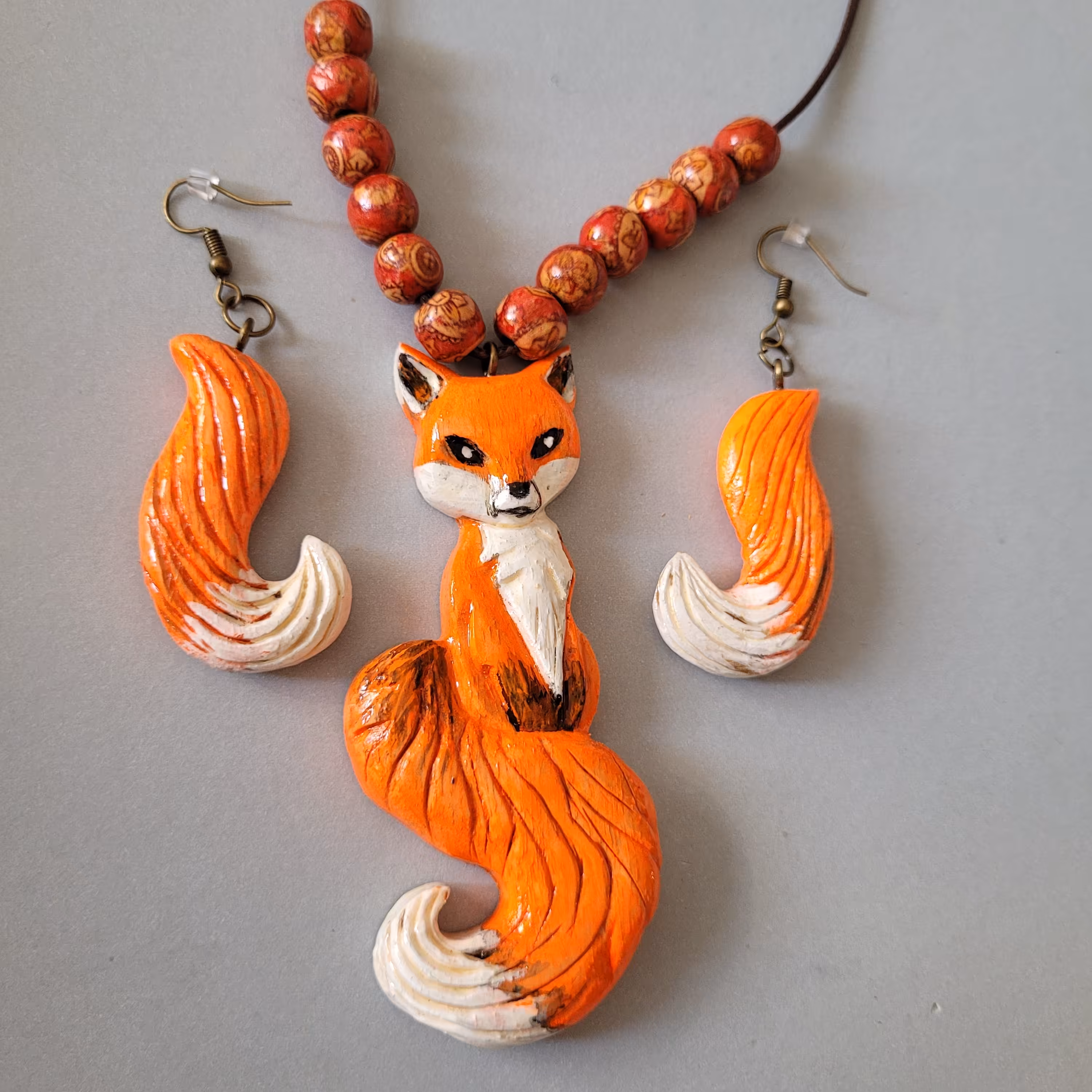 ست گوشواره و گردنبند روباه چوبی دستساز چوبی گالری  