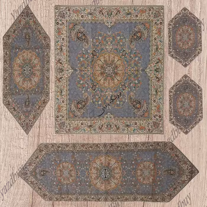 ست 5 تکه رومیزی ترمه افشاری رنگ طوسی با کیفیت عالی