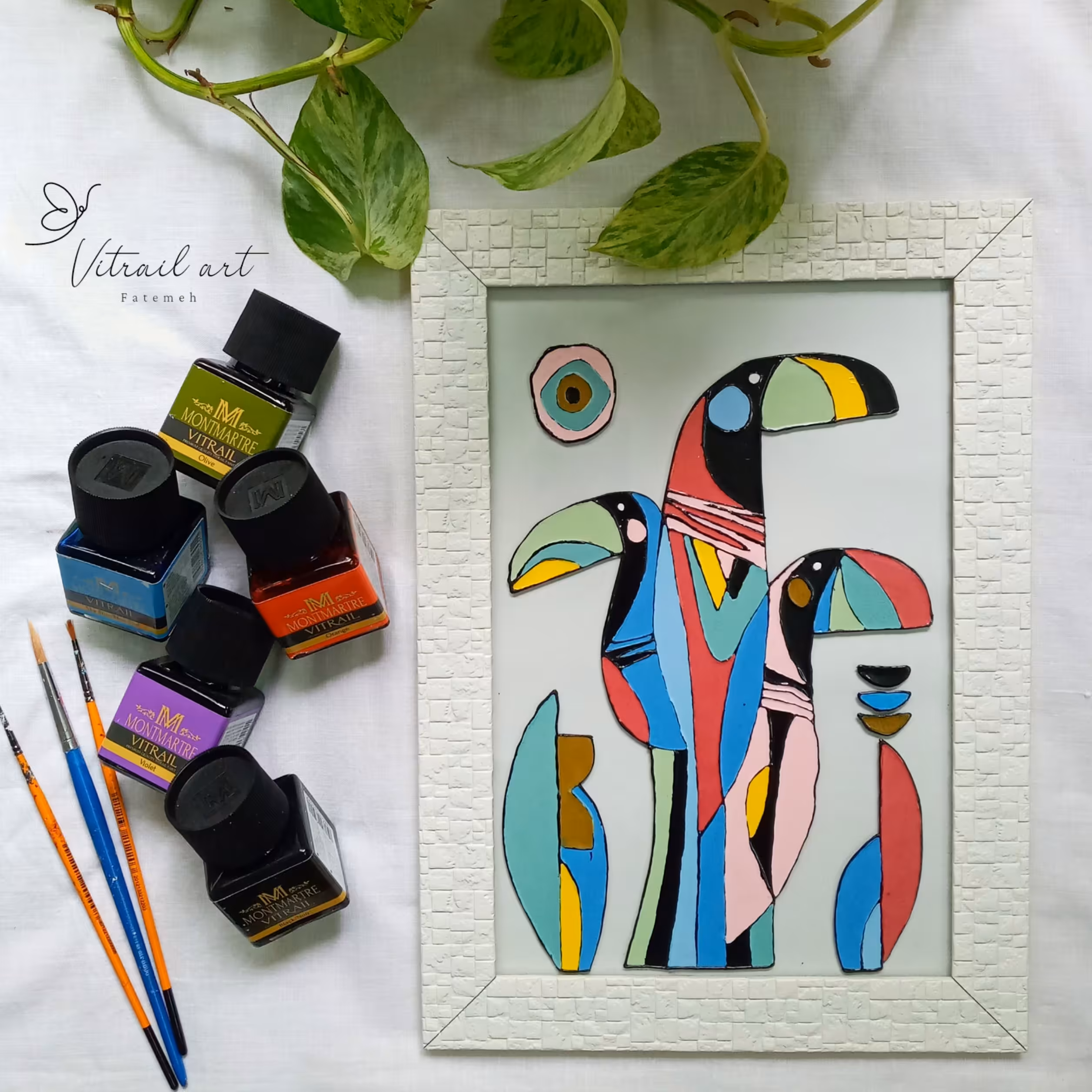 تابلو ویترای نقش برجسته طرح پرنده،هنر ویترای فاطمه
