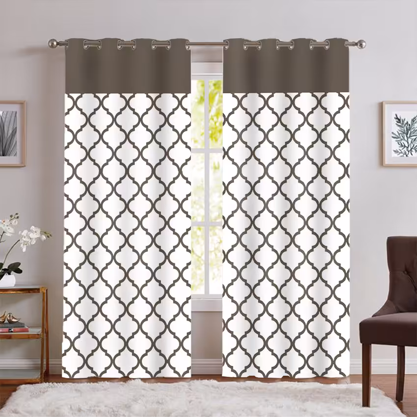 پرده پانچی مخمل طرح هندسی رنگ فیلی SA-5923