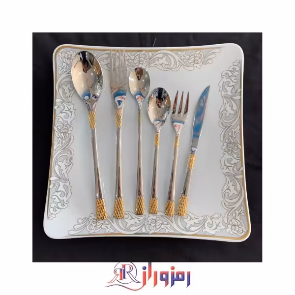 سرویس قاشق و چنگال 6 نفره 45 پارچه یونیک مدل اناناسی نیمه طلایی روشن