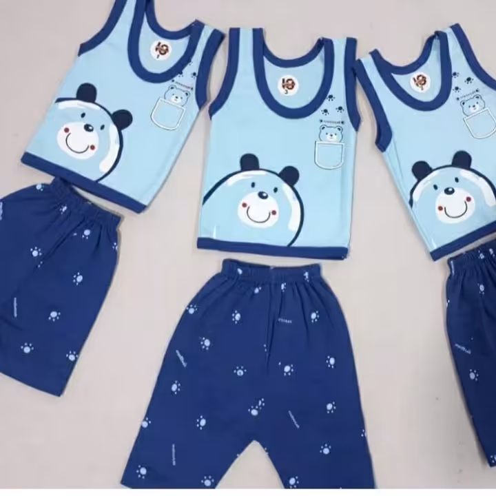 بلوز شلوارک تابستانه کودک خرسی آبی رنگ جذاب