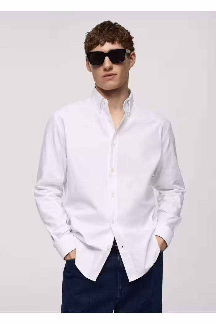 پیراهن / بلوز دکمه دار سفید مردانه پنبه ای معمولی مناسب آکسفورد MANGO Man