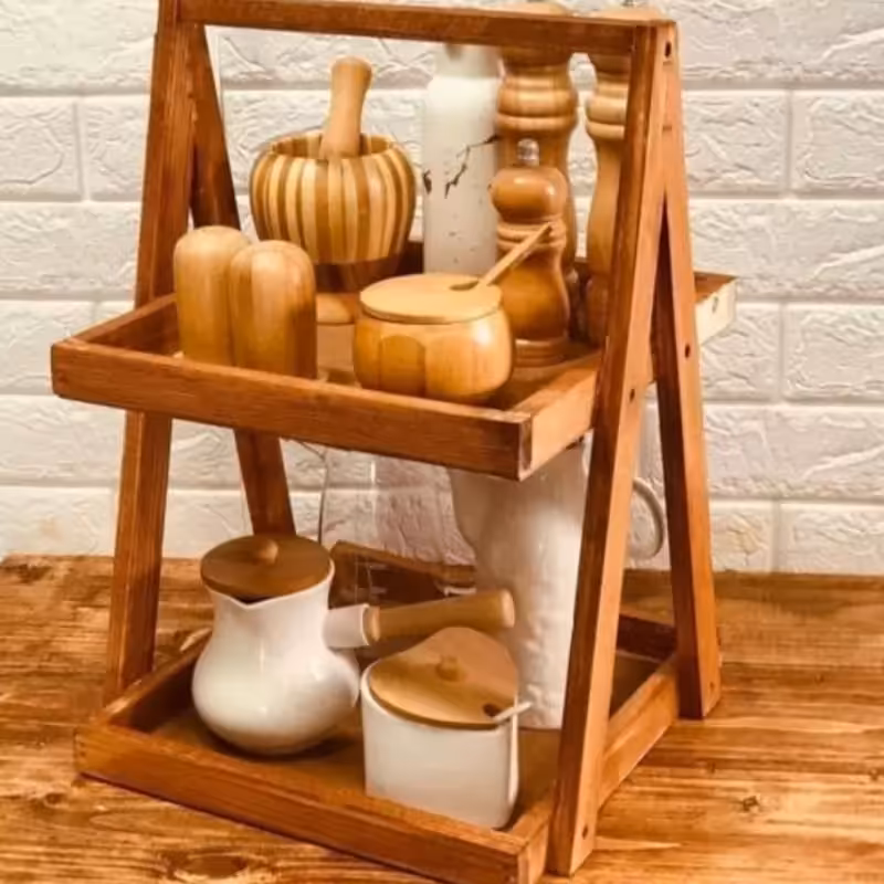 استند چوبی دو طبقه استند آشپزخانه چوبی دو طبقه شلف دار و بدون شلف