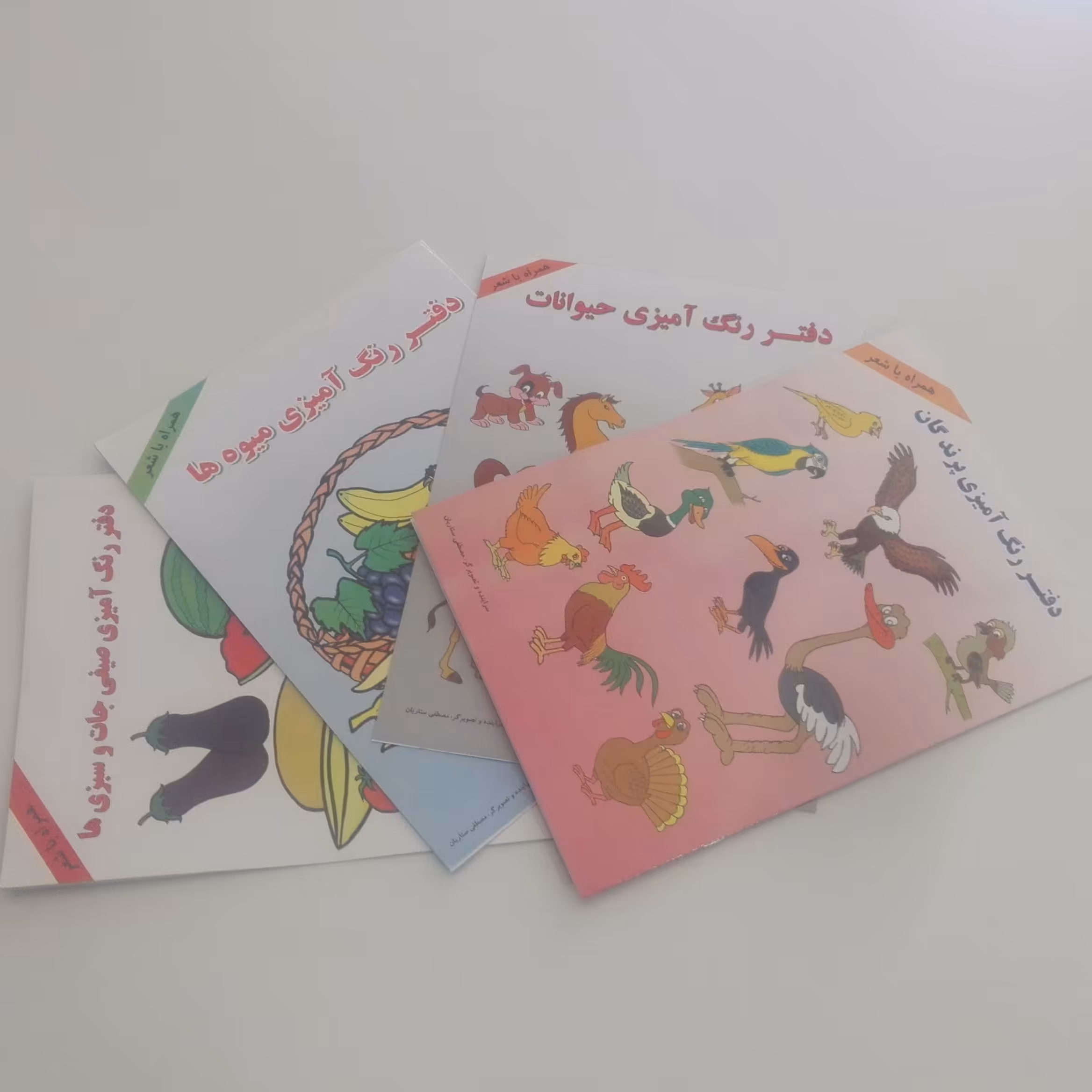 پک 4 تایی کتاب رنگ آمیزی و شعر کودکانه (پرندگان، حیوانات، میوه ها و سبزیجات)