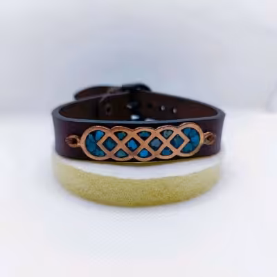 دستبندچرم(قهوه ای)مس فیروزه کوبی