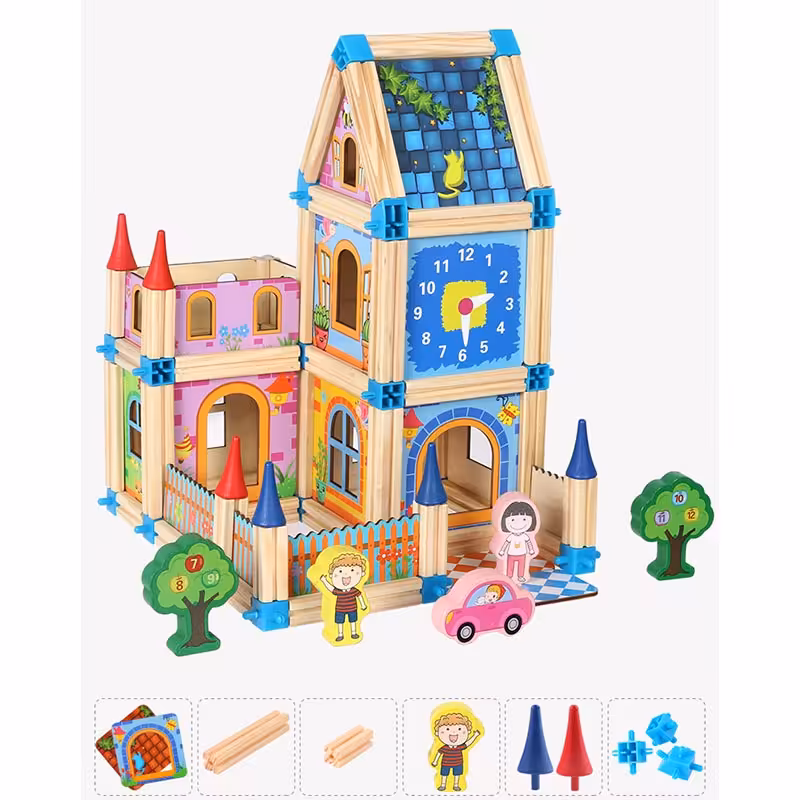 اسباب بازی ساختنی بلوک چوبی 128 تکه مدل قصر چوبی کد BLLN3461