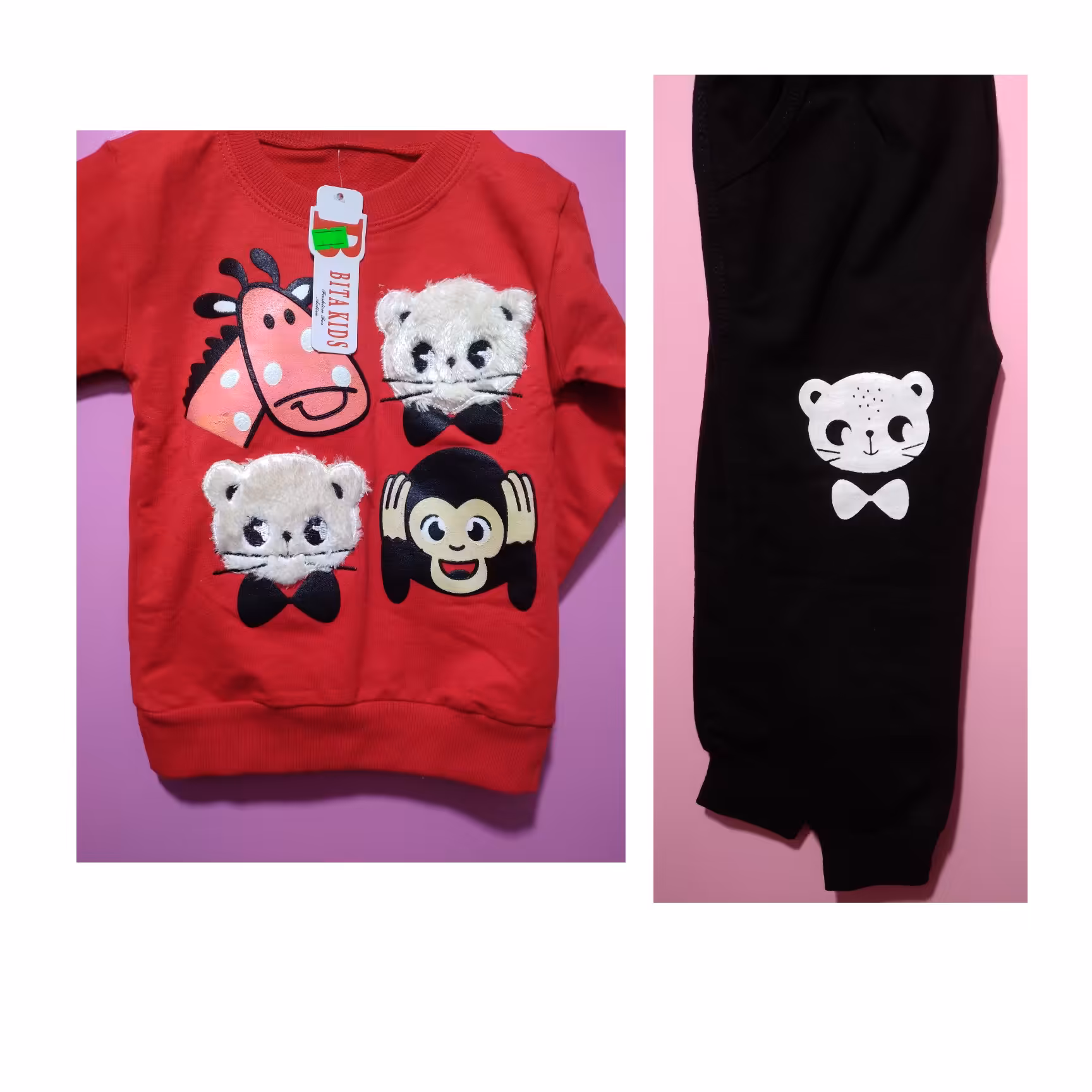 بلوز شلوار اسپرت طرح حیوانات نخ پنبه  رنگ زرد و قرمز