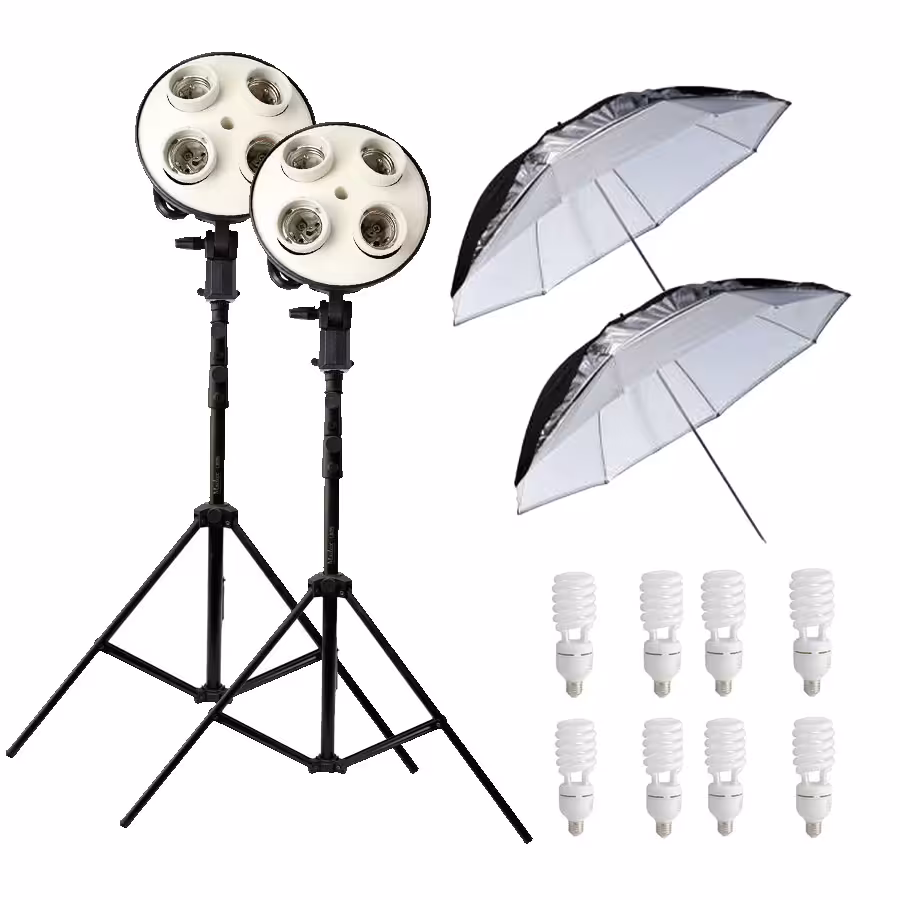 کیت دوشاخه نور ثابت پروژکتور 4 لامپ به همراه چتر بازتابی نقره‌ای-مشکی 90cm ، پایه 805 و 8 عدد لامپ عکاسی