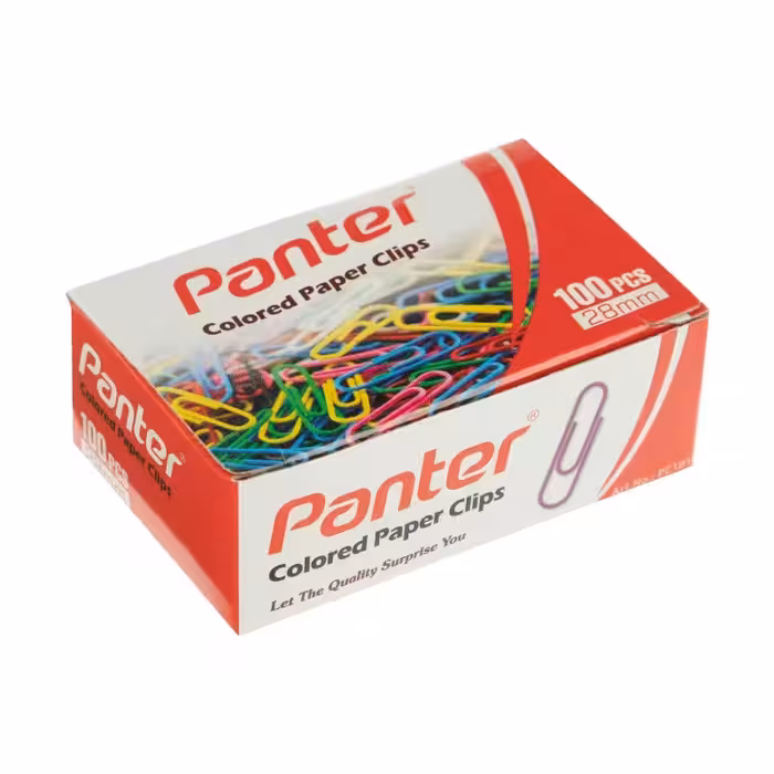 گیره کاغذ پنتر مدل فلزی  با روکش رنگی سایز 28 میل بسته 100 عددی 