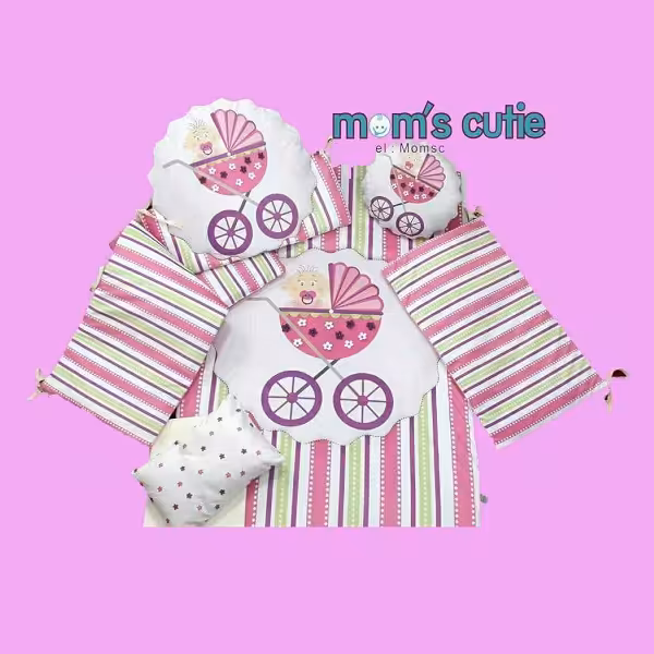 سرویس 7 تکه تخت خواب کودک مامز کیوت طرح کالسکه رنگ صورتی