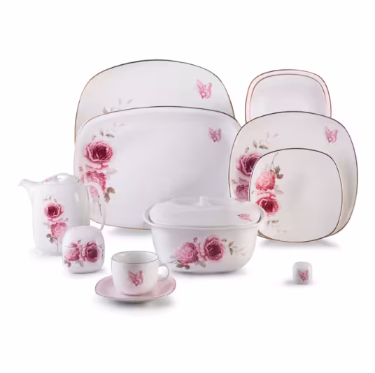 سرویس غذا خوری 98 پارچه چینی زرین ایران سری کواترو مدل رز فلاور درجه عالی zarin roze flower  98 pcs