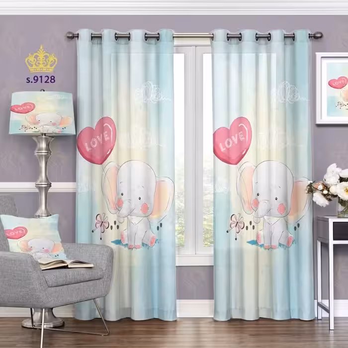 پرده اتاق کودک  دو قواره پانچ آماده طرح فیل بادکنک قلبی کد S9128