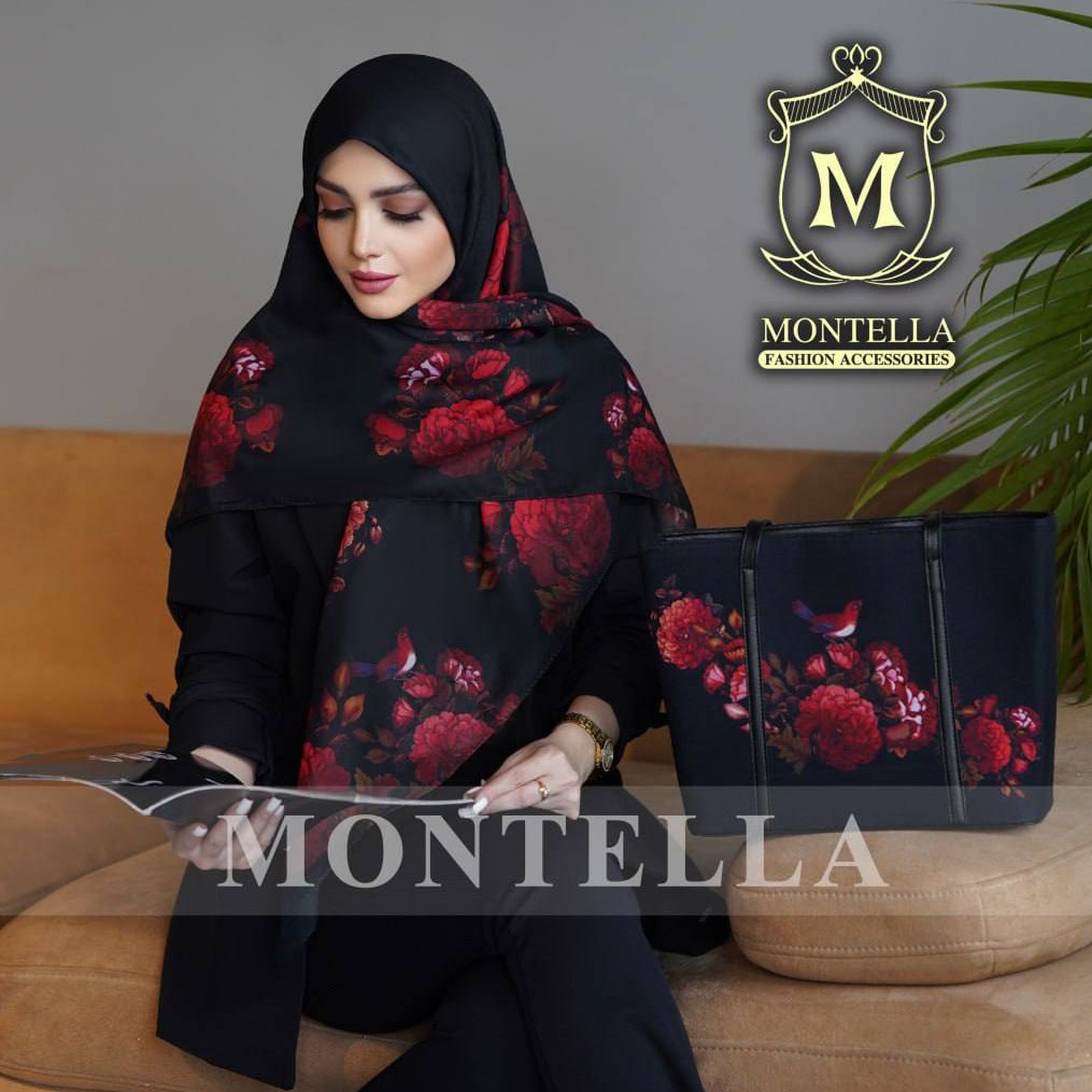 ست کیف مخمل و روسری نخی برند مونتلا طرح گل و مرغ قرمز(ارسال به سراسر کشور)