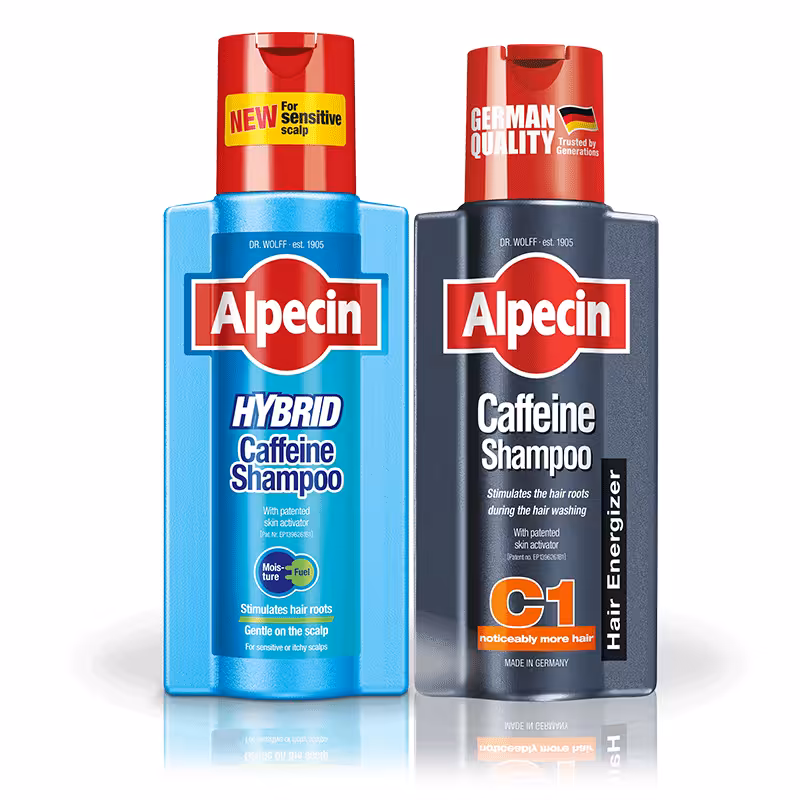 پک ۲ عددی شامپو آلپسین کافئین مو های شوره دار و خارش دار + آلپسین سی وان Alpecin Hybrid Caffeine Shampoo For sensitive or itchy scalps • خوش آرا