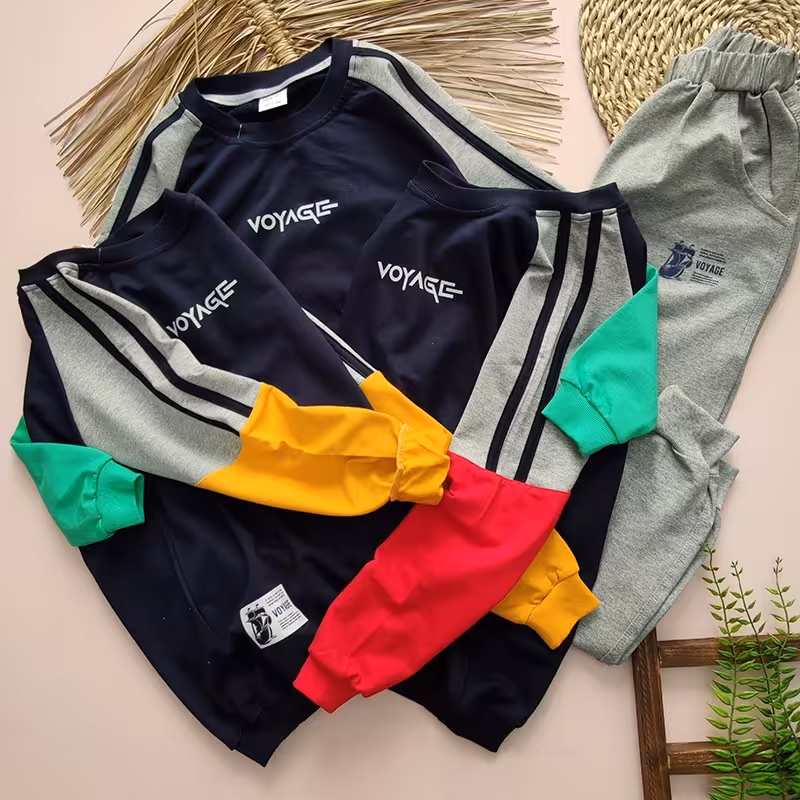 ست بلوز شلوار پسرانه تکه دوزی در  سه رنگ جذاب مناسب حدود سنی 8 تا 14 سال