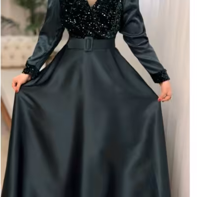 پیراهن شب زنانه ساتن مدل پیراهن مجلسی مزونی مخمل پولکی و ساتن آمریکایی ضخیم لاله