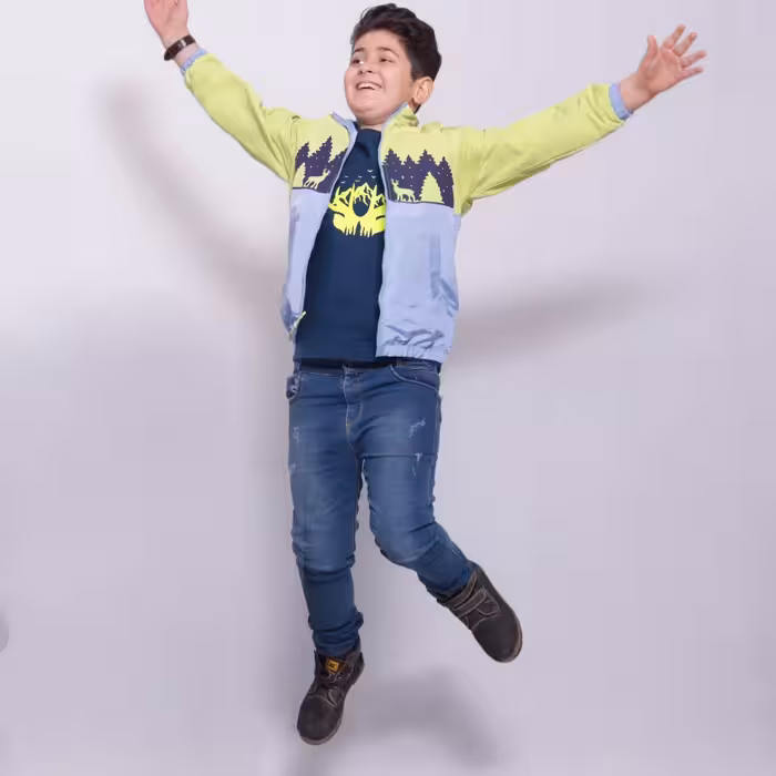 ست سویشرت دورو و تیشرت دخترانه و پسرانه M403 برشاد رنگ آبی آسمانی-فسفری سایز 116