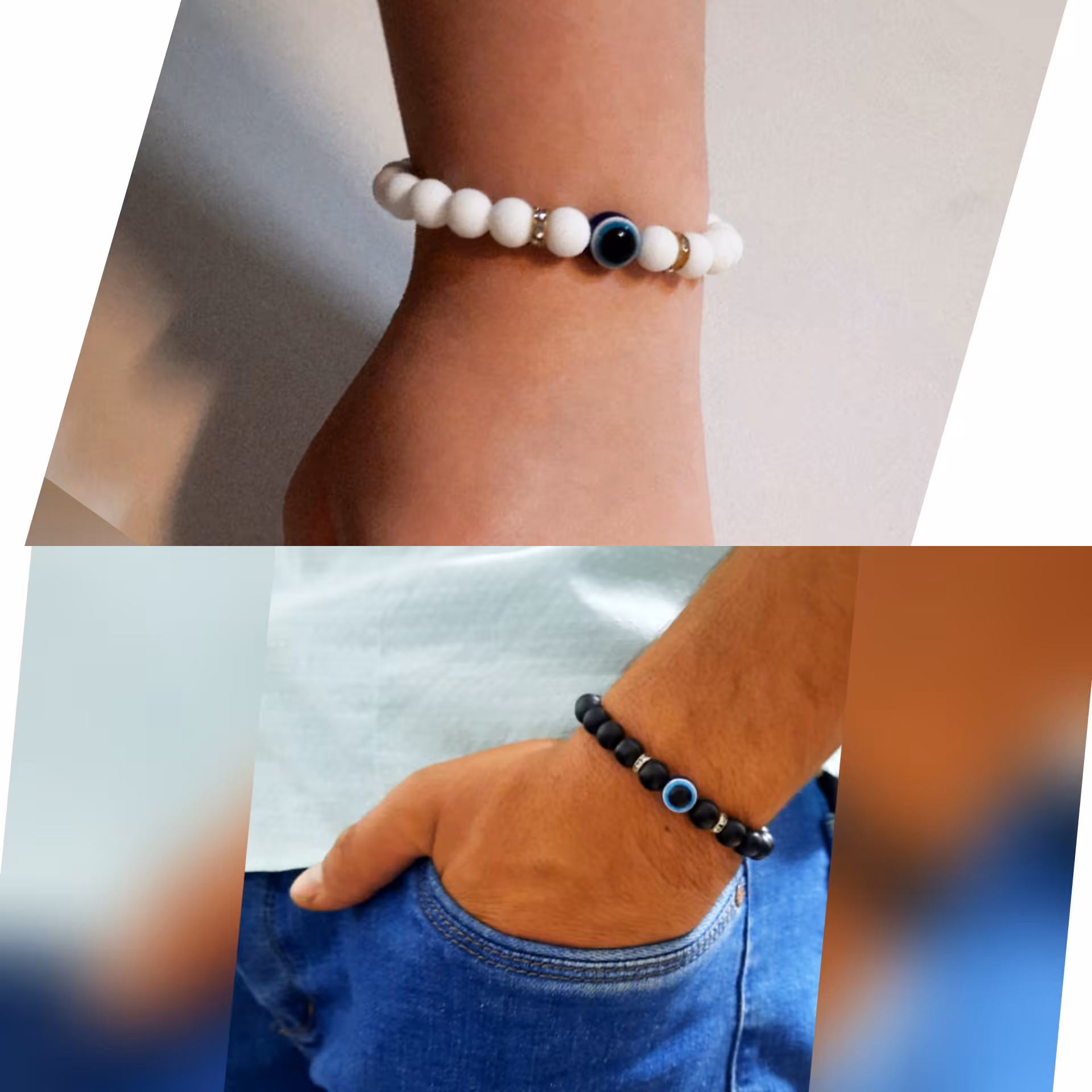 دستبند  ست با سنگ اونیکس مشکی و سفید وچشم نظر  و رینگ کد 47