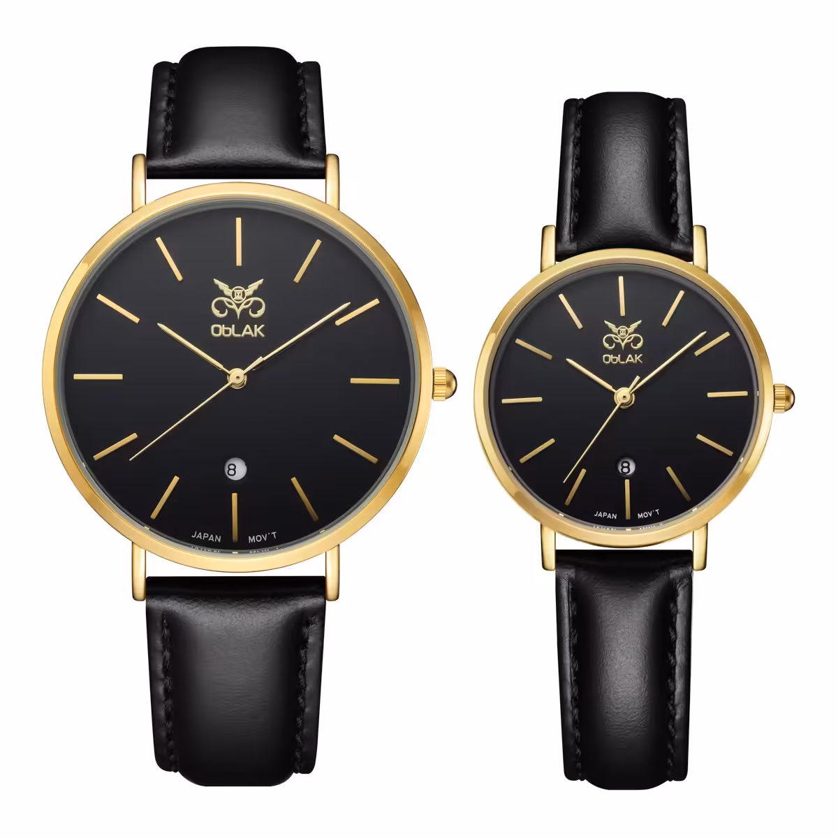 ست ساعت مچی عقربه ای زنانه و مردانه اوبلاک مدل 72705رنگ طلایی صفحه مشکی