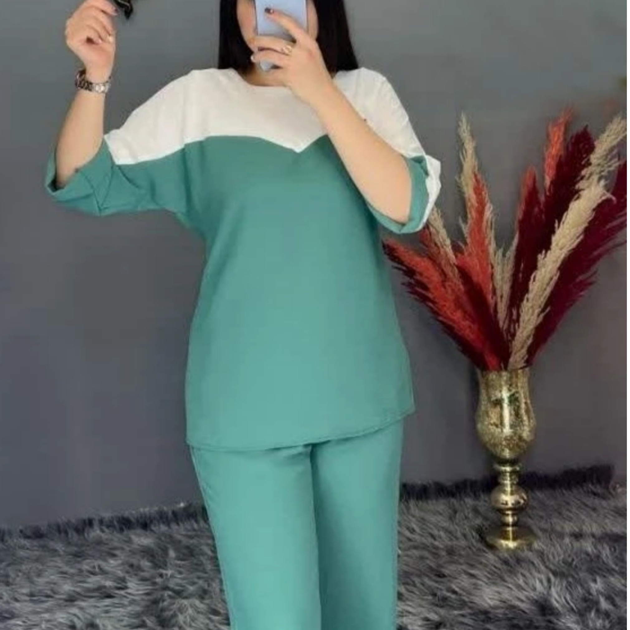 ست راحتی بلوز شلوار تونیک شلوار ابروبادی رنگ بندی کامل سایز 36 تا 50 قد شومیز 70 قد شلوار 100قد شومیز قابل تغییر است