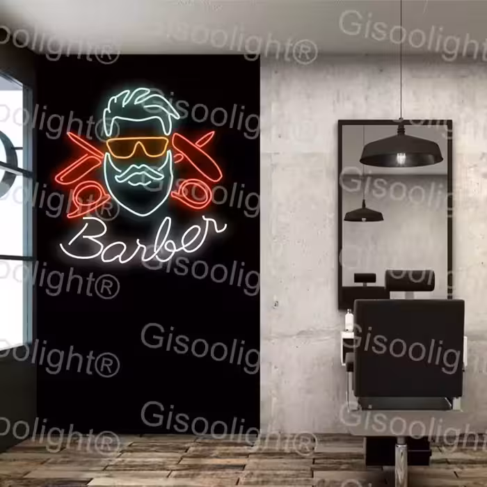 تابلو نئون فلکسی آرایشگاه مردانه جدید، تابلو نورانی ارایشگاه، تابلو نئون خفن آرایشگاه مردانه، تابلو ریش و قیچی
