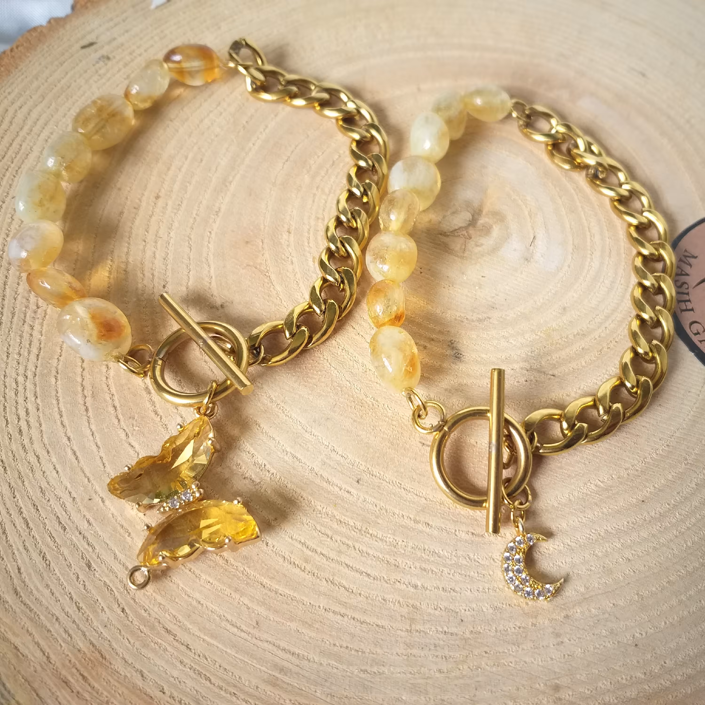 دستبند سنگ سیترین و پلاک و زنجیر 
