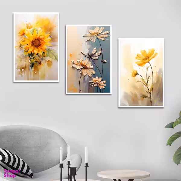 تابلو بکلیت طرح نقاشی مدرن دکوراتیو گل مدل W-1678 مجموعه 3 عددی