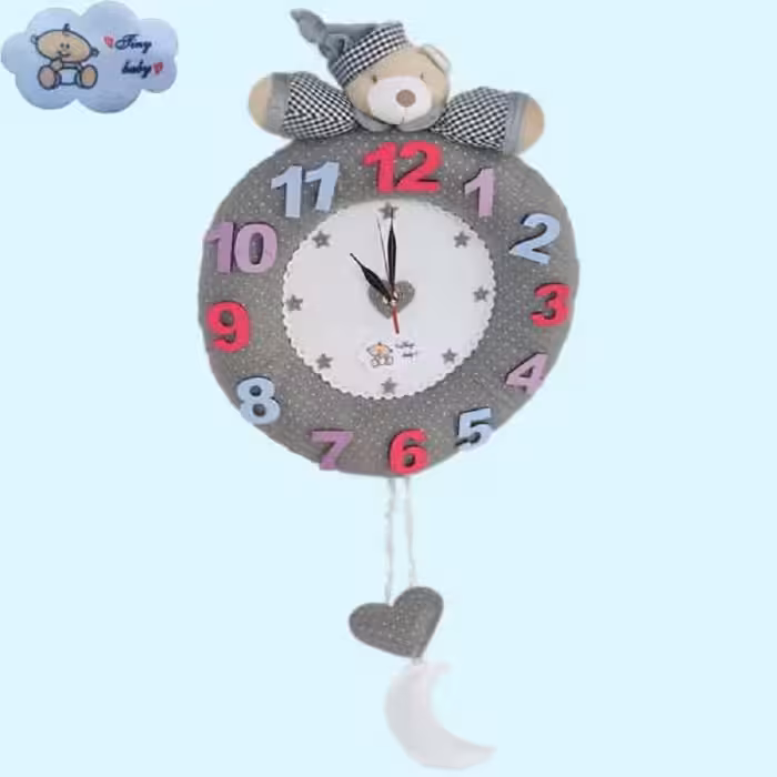 ساعت دیواری کودک مدل خرس-بدون پرز و الکتریسیته ساکن-صادراتی-رنگ طوسی.