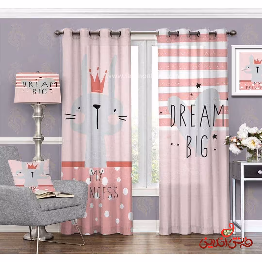 پرده 2عددی کودک طرح گربه تاج دار کد 3155