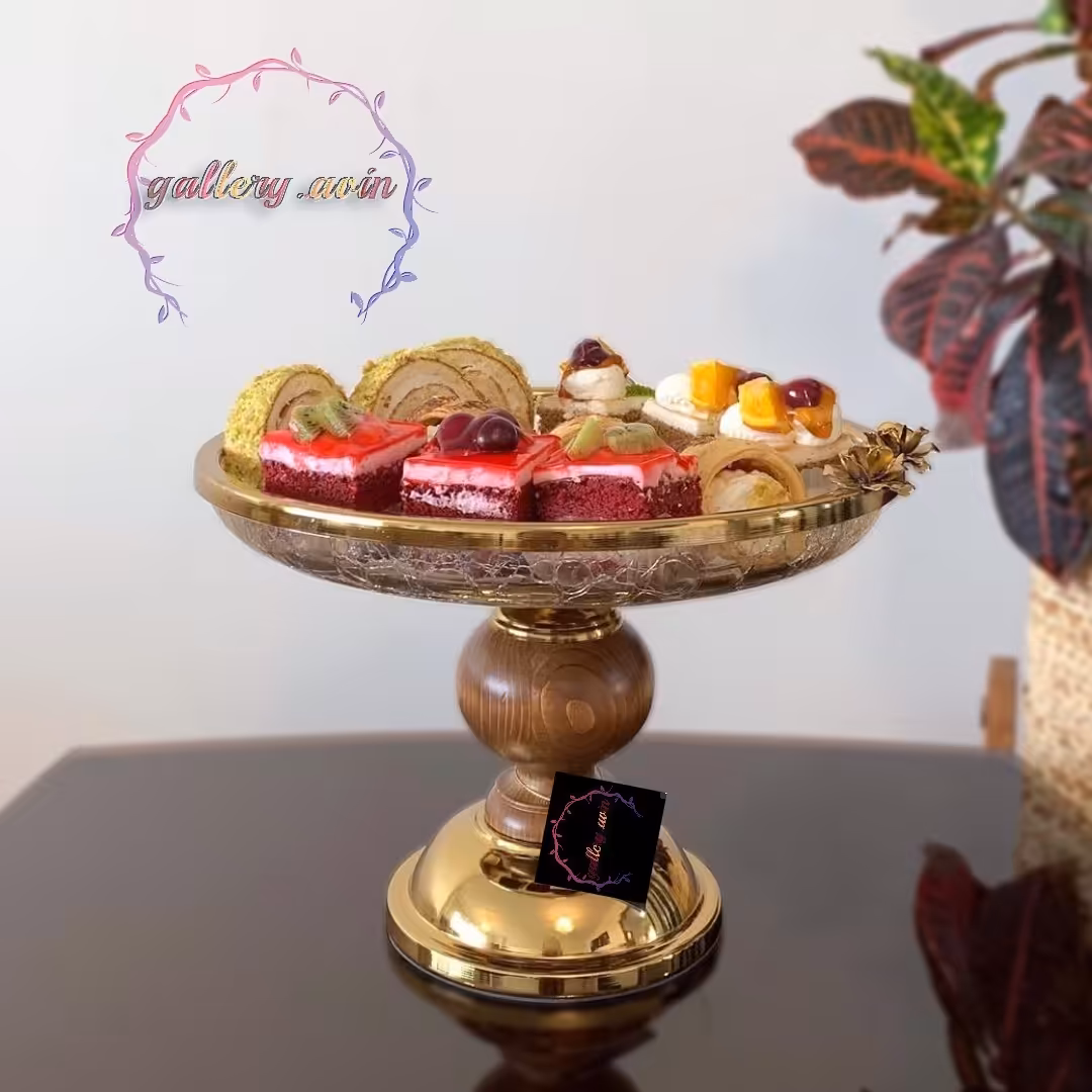 شیرینی خوری شیشه آبگز  پایه چوب خراطی شده گل رز طلایی(پس کرایه)