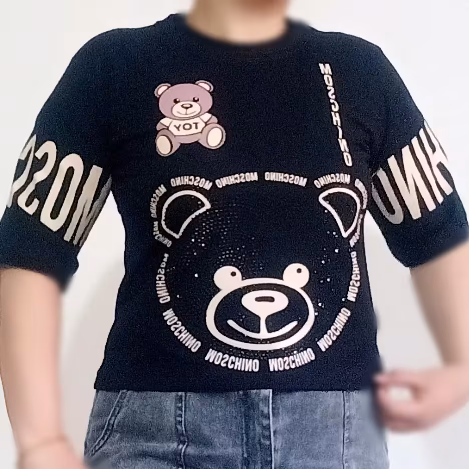 کراپ زنانه شیمک و خاص طرح خرس (نگین کاری)شده جنس نخ پنبه سوپراعلا