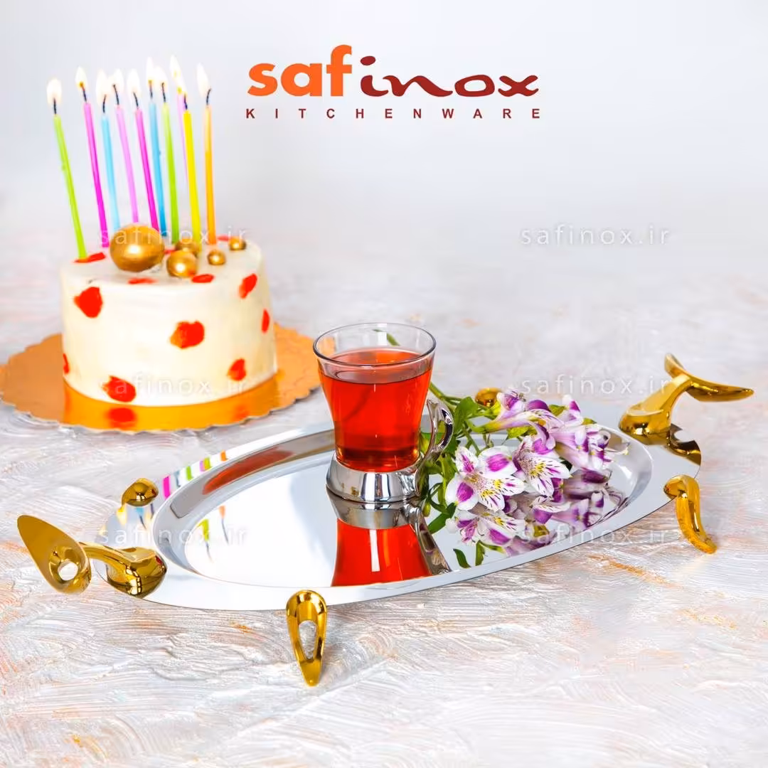 سینی بیضی فلیم دو رنگ.استیل نگیر.پایه و دسته زاماک.ارسال پسکرایه تهران اسنپ شهرستان باربری