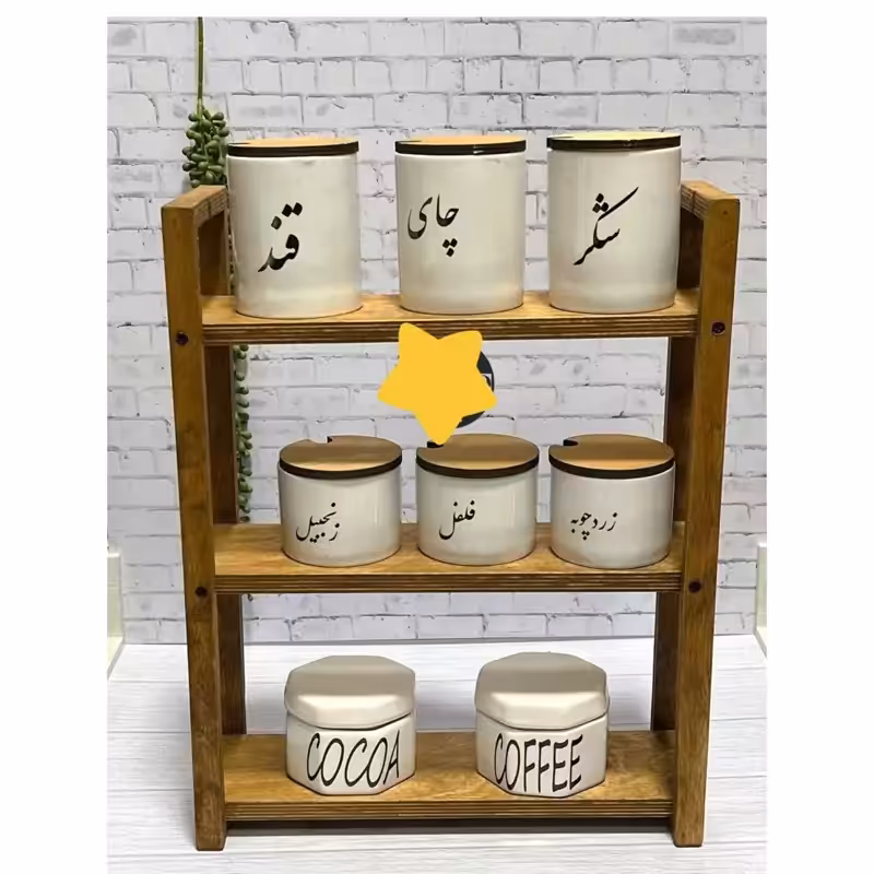 استند چوبی 3طبقه ادویه استند 3طبقه چوبی پاسماوری استند نظم دهنده چوبی آشپزخانه
