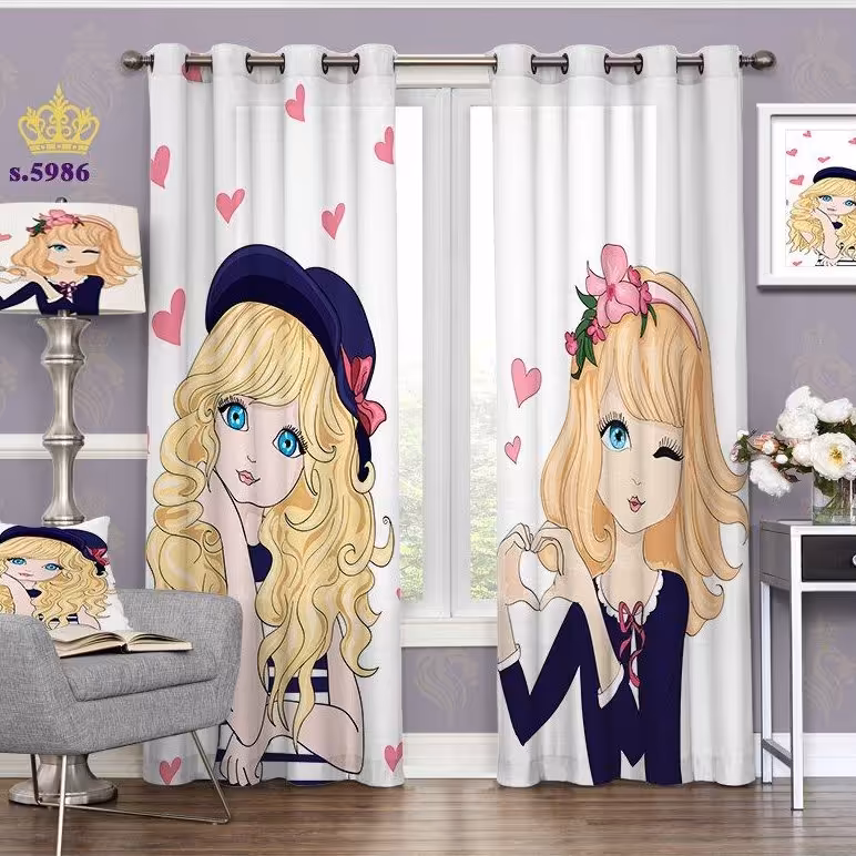 پرده اتاق خواب کودک دخترانه دو قواره پانچ طرح نقاشی کد S5986