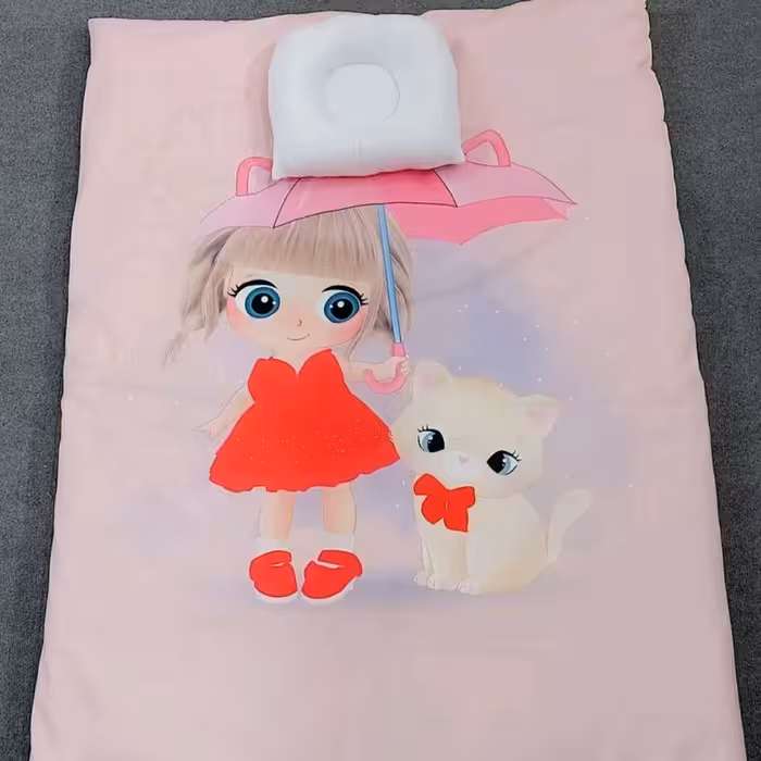 روتختی نوزادی سایز 100در 140 بهمراه بالشت فرمدهی سر یا ساده  جنس مخمل کالیفرنیا و کتان نخ اعلا