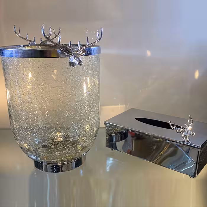 ست جا دستمال کاغذی و سطل شیشه  آبگز طرح ترک  سر گوزن