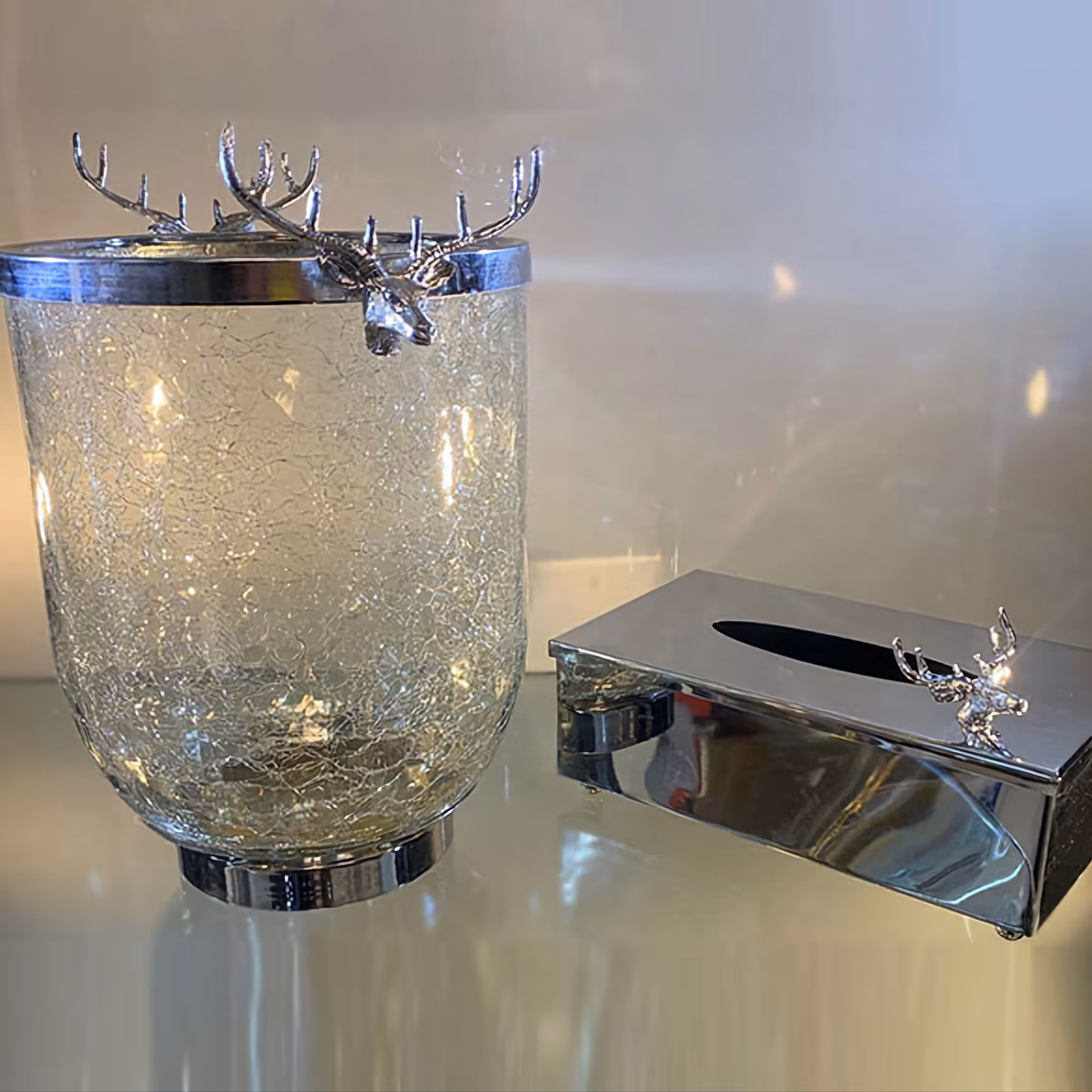 ست جا دستمال کاغذی و سطل شیشه  آبگز طرح ترک  سر گوزن