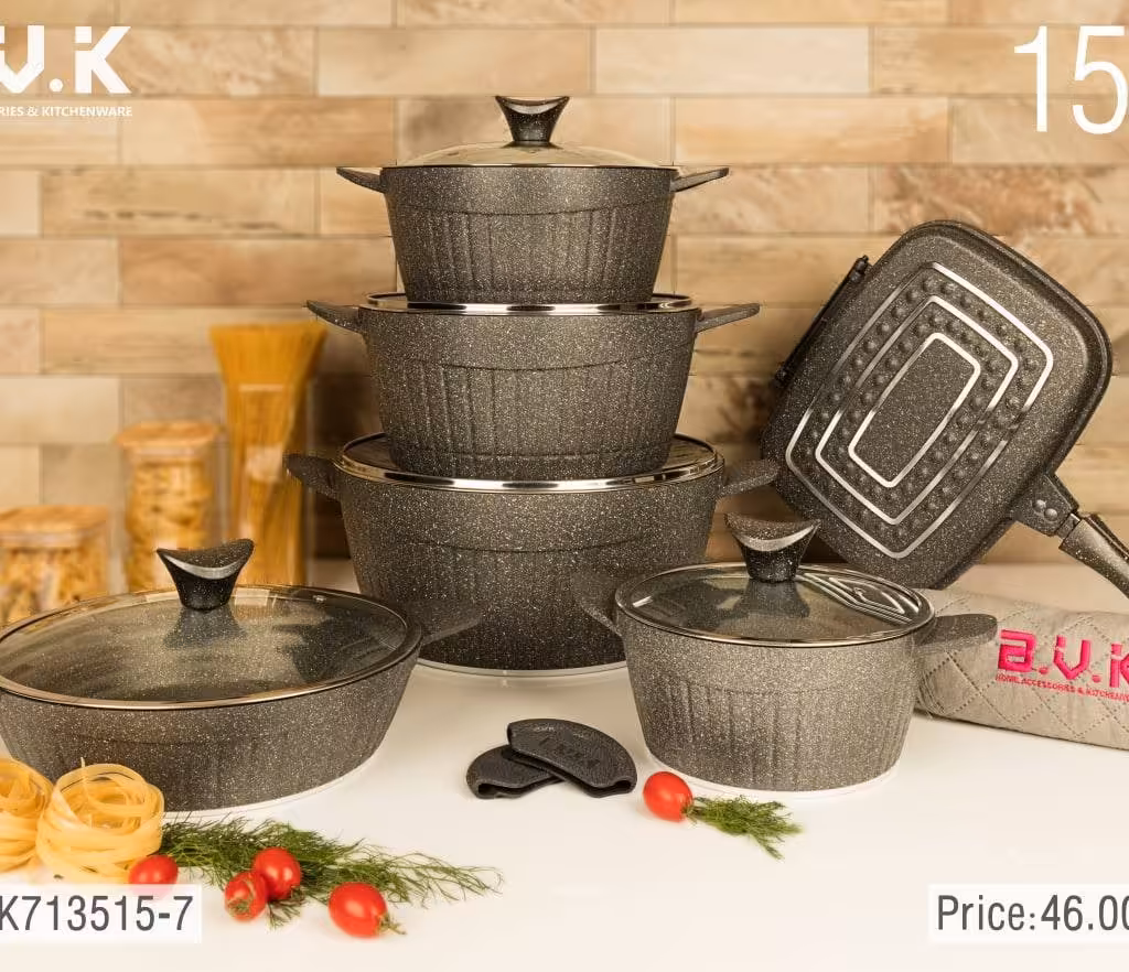 سرویس قابلمه گرانیتی 15 پارچه بی وی کی BVK خاکستری کد 2-713515