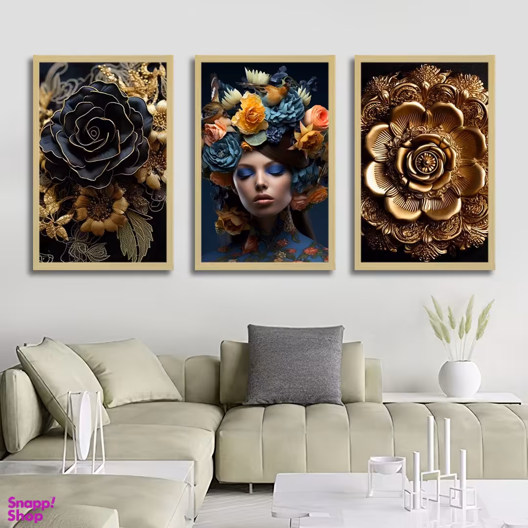 تابلو بکلیت مدل طرح چهره و گل طلایی BE-999 مجموعه 3 عددی